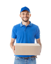 Smiling Courier Holding Parcel Box