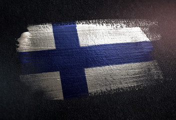 Wall Mural - Finland Flag Made of Metallic Brush Paint on Grunge Dark Wall