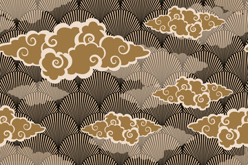 Wall Mural - asian style wallpaper with clouds over stylized forest in gold