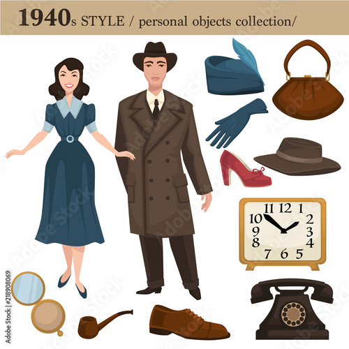 Fotomural 1940 fashion style man and woman personal objects
