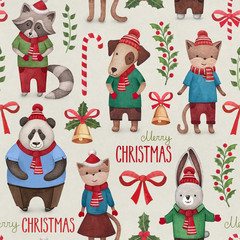 Watercolor illustrations of cute animals. Christmas pattern