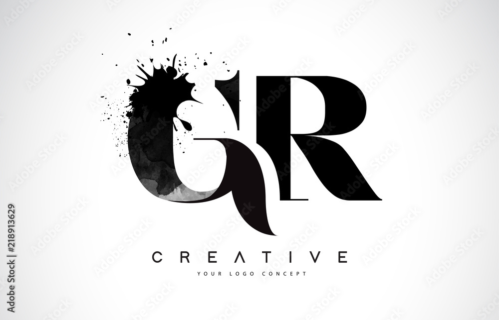 GR G R Letter Logo Design with Black Ink Watercolor Splash Spill Vector. - obrazy, fototapety, plakaty 