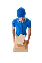 Delivery Man With Boxes In Blue Uniform Isolated On White Background