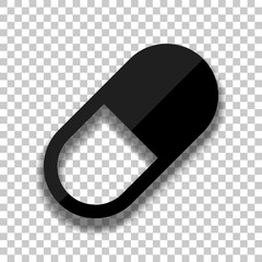 simple symbol of pill or vitamin. Black glass icon with soft sha