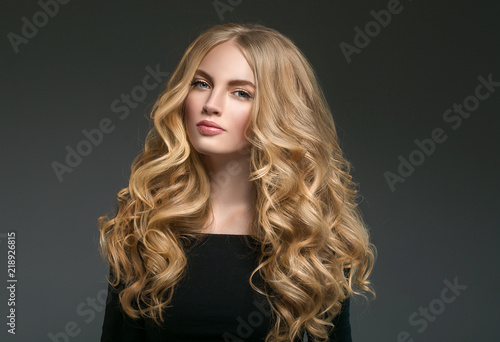 Blonde Hairstyle Woman Beauty With Long Curly Blonde Hair Over