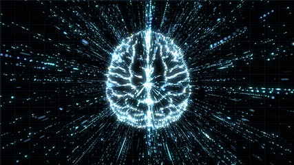 Digital brain in top view with streaming data particles exploding around it in space