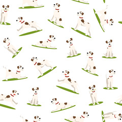 Poster - Cartoon Color Funny Puppy Seamless Pattern Background. Vector