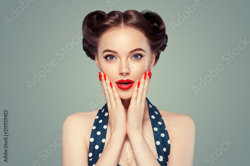 Pinup woman beauty portrait vintage retro girl model in polka dot dress Canvas Print