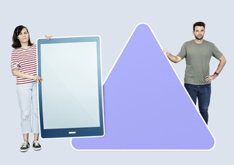 Sticker - Couple holding tablet and triangle icons