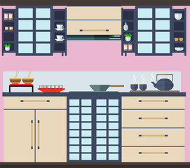 Kitchen in the Japanese style with cupboards, shelves and cooking utensils. Vector illustration.