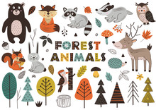 Forest Animals And Plants In Scandinavian Style -  Vector Illustration, Eps