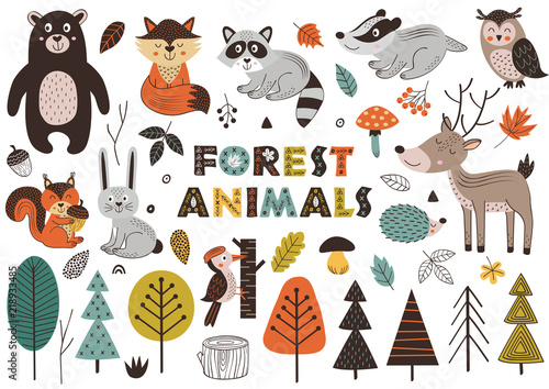 Photo forest animals and plants in Scandinavian style -  vector illustration, eps