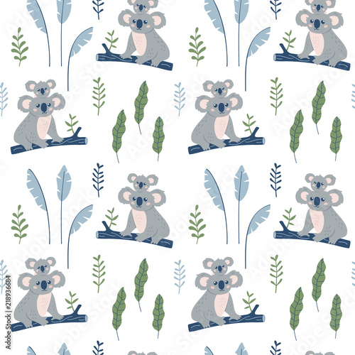 Hand drawn seamless pattern with Koala mother and Koala child Tableau sur Toile