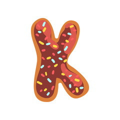 Sticker - K letter in the shape of sweet glazed cookie, bakery edible font of English alphabet vector Illustration on a white background