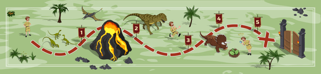 Dinosaurs world map in cartoon style. Landscape with a path image. Adventure in dino park in isometric style. Board maze. Vector illustration