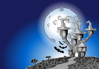 Poster - haunted castle in a full moon night