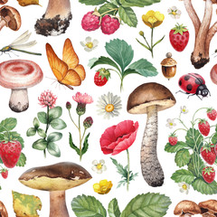 Wall Mural - Summer seamless pattern. Watercolor illustrations of flowers, berries, mushrooms and insects