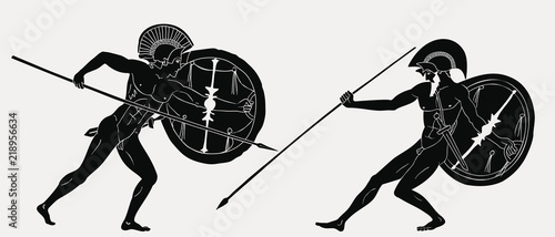 Cuadros en Lienzo Two ancient Greek warrior Hector and Achilles with a spear and shield in his hands isolated on a grey background