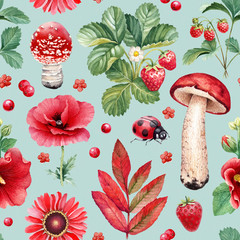 Wall Mural - Summer seamless pattern. Watercolor illustrations of flowers, berries, mushrooms and insects