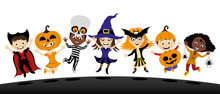 Group Of Children In Costumes For Halloween On White Background.