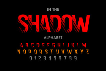 Modern font with shadow effect, alphabet letters and numbers