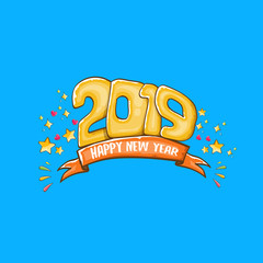 2019 Happy New Year poster design template. Vector happy new year greeting illustration with colored hand drawn 2019 numbers and stars isolated on blue background