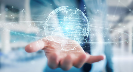Fototapete - Businessman using globe network hologram with Europe map 3D rendering