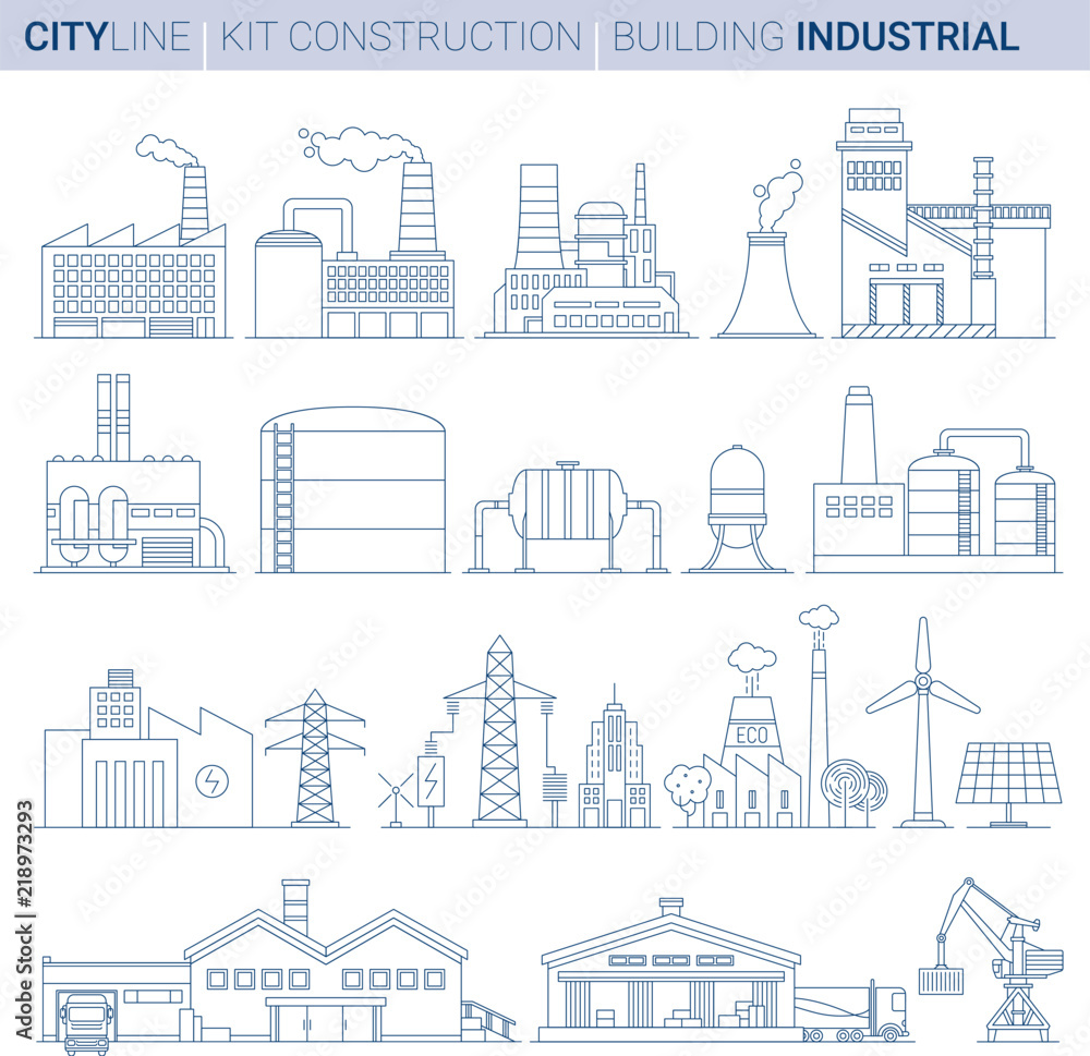 Line Vector Illustration Set. Industrial Buildings Stock Vector | Adobe ...