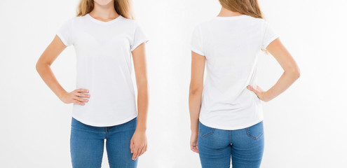 Wall Mural - Front and back views of young caucasian girl woman in stylish t-shirt on white background. Mock up for design. Copy space. Template. Blank