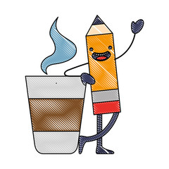 Sticker - kawaii pencil cartoon character with coffee cup