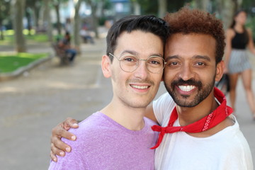 Wall Mural - Mixed race homosexual couple smiling 