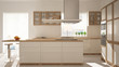 Modern wooden and white kitchen with island, stools and windows, parquet herringbone floor, architecture minimalistic interior design