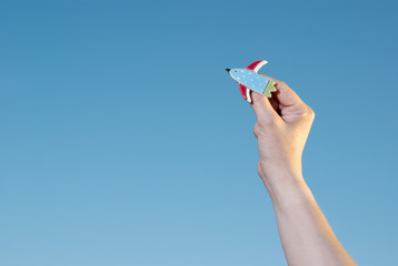 Bird in the hand on the sky background - conceptual photo of the free thinking, personal and career growth, freedom and happiness. With place for a text.