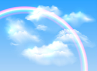 vector realistic blue sky with transparent colorful rainbow and white fluffy clouds