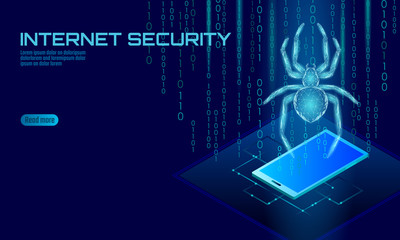 Wall Mural - isometric 3d spider hacker attack danger. web security virus data safety antivirus concept. smartpho