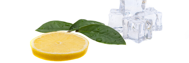 Round slice of bright, juicy lemon and a side view of a few green leaves and ice cubes on a white background. isolated.