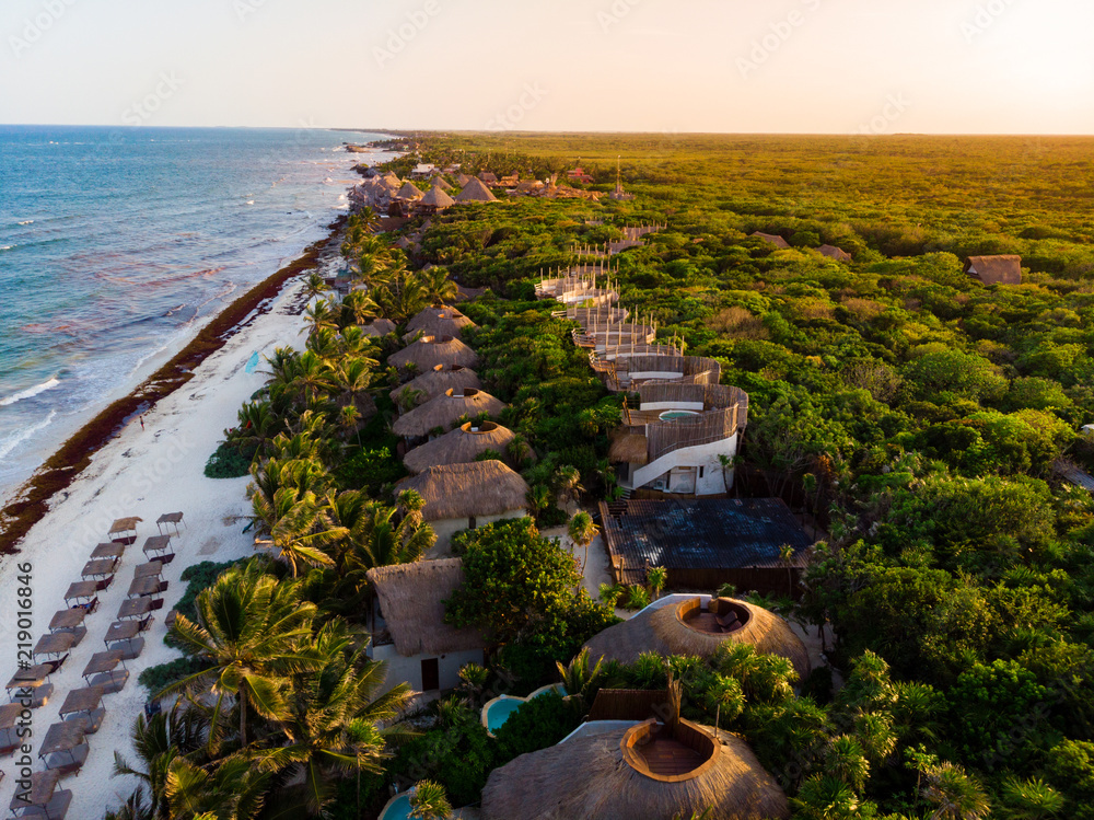 Aerial view of Tulum beach at sunset, Mexico - obrazy, fototapety, plakaty 