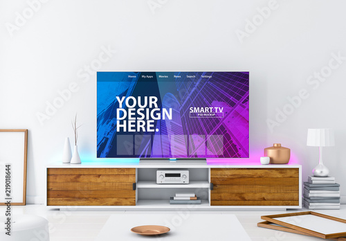 Download Smart Tv Mockup On A Living Room Console Stock Template Adobe Stock