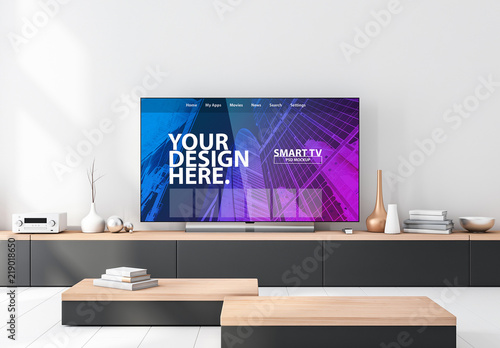 Download Smart TV Mockup on a Living Room Console Stock Template | Adobe Stock