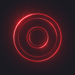 Glowing rings with small metal balls, luminous neon swirling on dark. Light circles of different sizes with bright shining areas. Magic energy portal with particles. Digital elements. 3d rendering