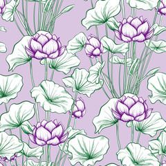 seamless pattern, background with lotus flower. botanical illust