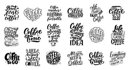 Set of Hand lettering quotes with sketches for coffee shop or cafe. Hand drawn vintage typography collection isolated on white background
