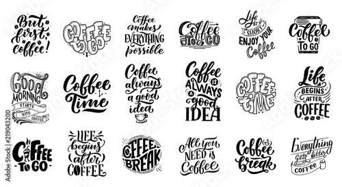 Fotomural Set of Hand lettering quotes with sketches for coffee shop or cafe