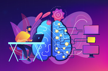 Sticker - Brain with digital circuit and programmer with laptop. Machine learning, artificial intelligence, digital brain and artificial thinking process concept, violet palette. Vector isolated illustration.