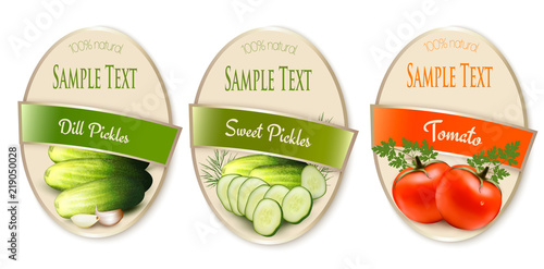 Cuadros en Lienzo Set of labels with ecological tomato and pickles isolated
