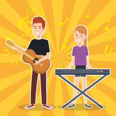 Sticker - woman playing synthesizer and man guitar vector illustration design