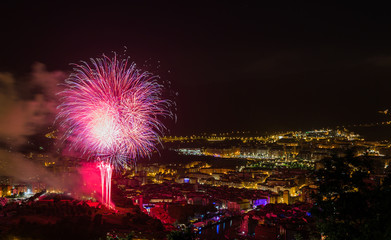 Celebration of bilbao parties with fireworks, Spain