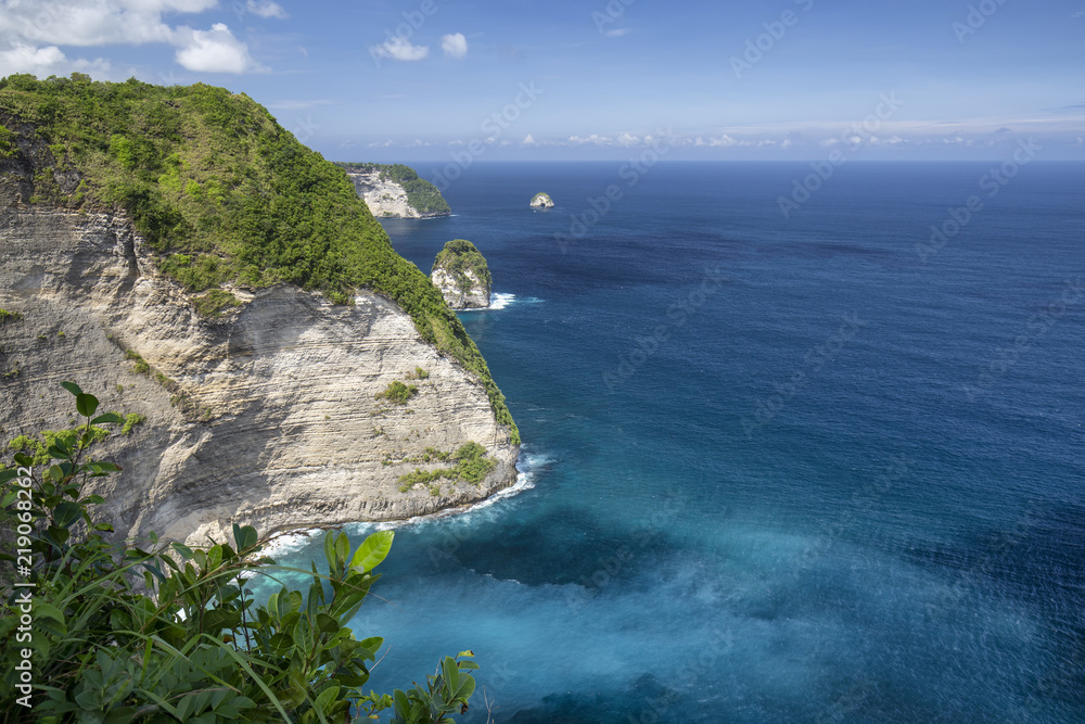 Dramatic Paluang cliff above beautiful blue waters near Kelingking Beach in Nusa Penida. - obrazy, fototapety, plakaty 