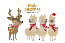 Cute Alpaca And Deer Wear Christmas Costume. Animal Holiday Cartoon Character. 