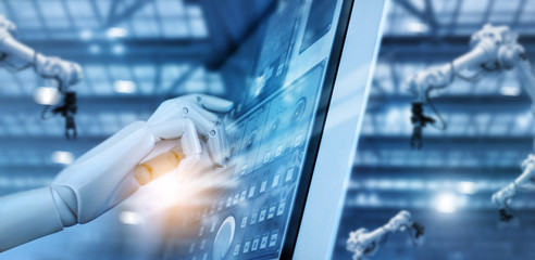 Fototapete - Hand of robot working on control panel in intelligent factory checking and controlling automation robot arms machine welding robotics and digital manufacturing system. Futuristic technology.